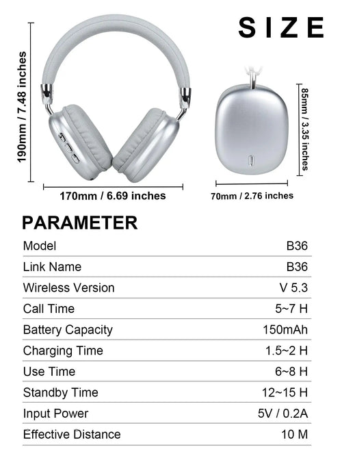 B36 Wireless Bluetooth 5.3 Over-Ear Headphones with ANC Noise Cancelling 8H Playtime Ergonomic Design HD Microphone Foldable